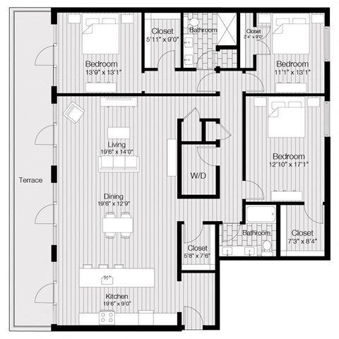 Floor plan for 3 beds, 2 baths, 2383 sqft